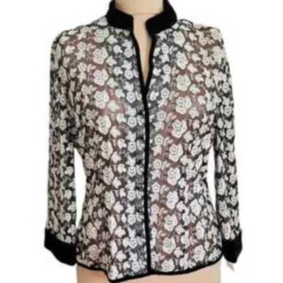 Talbots Womens Sheer Floral Embroidered Jacket Size 12 Black & White Nylon/Rayon - Picture 1 of 15